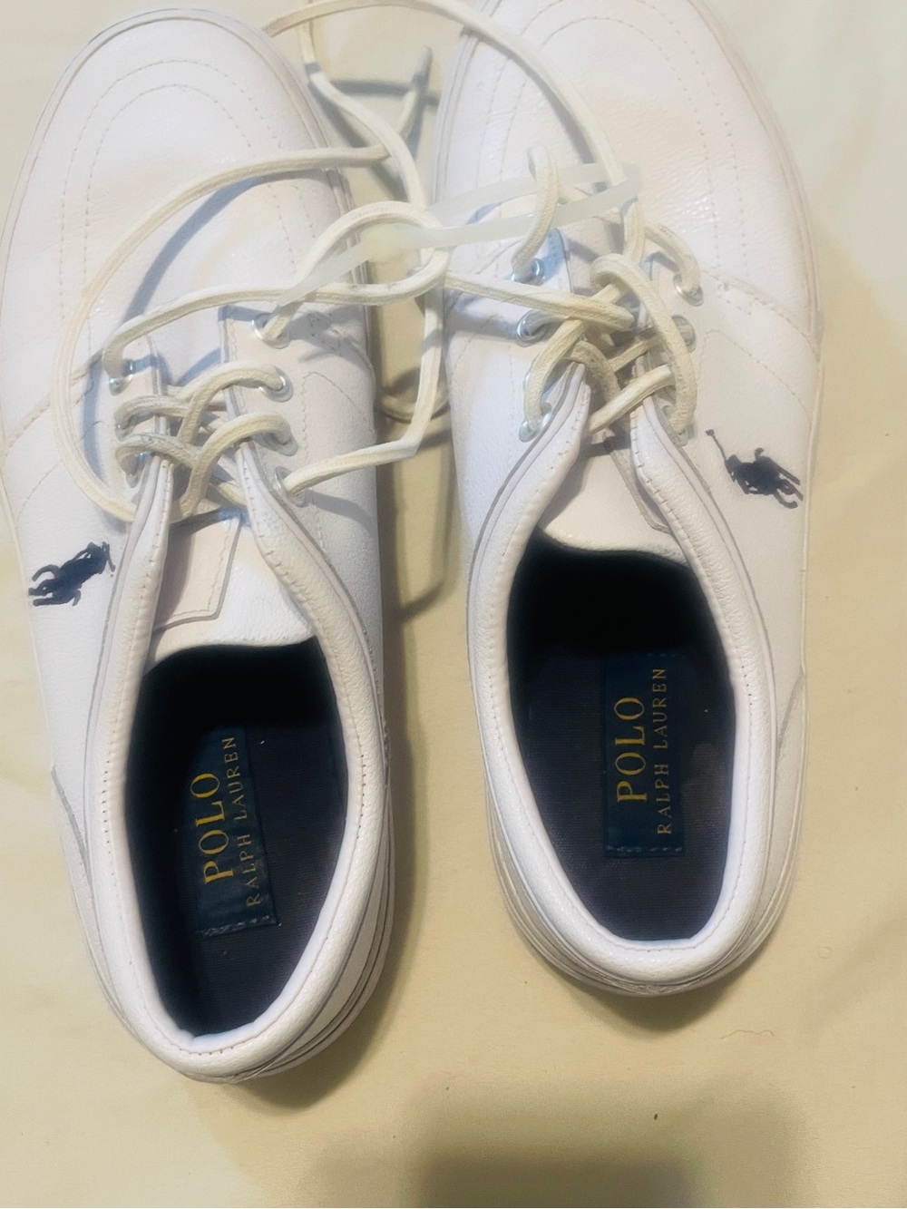 Polo by Ralph Lauren White Leather Boat Shoes with Navy Logos